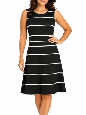 Calvin Klein Black & White Stripe Back Zip Detail Sleeveless Fit & Flare Dress